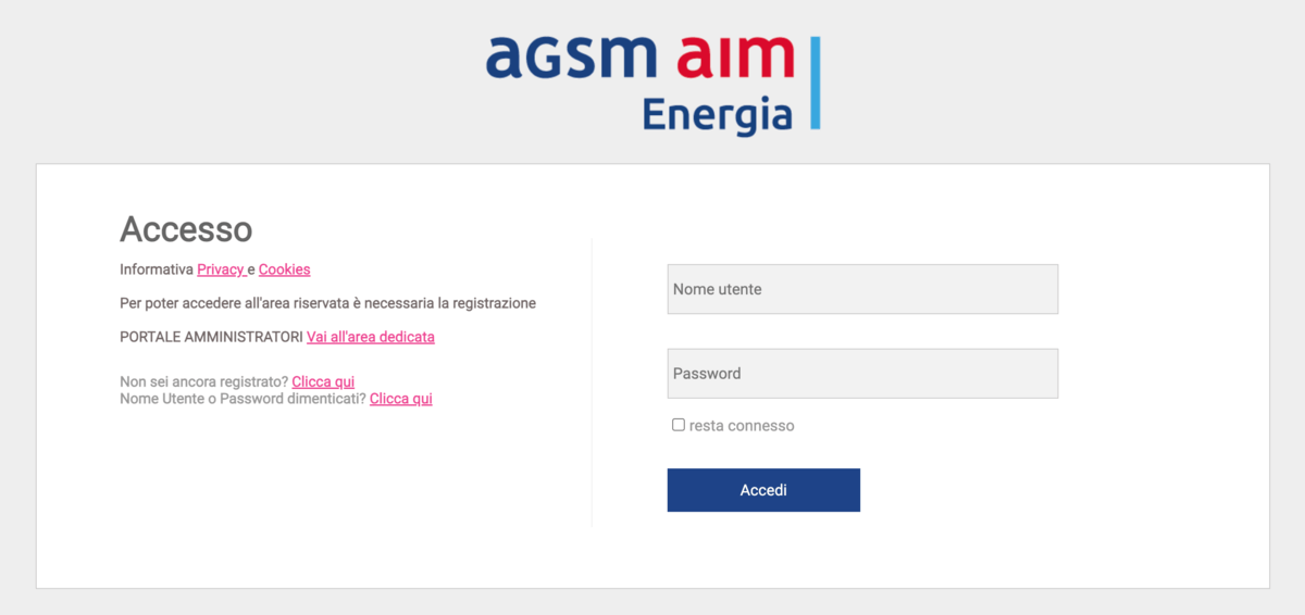 Agsm Aim Area Clienti: la schermata di login (areaclienti.agsmaimenergia.it 08/02/2024)